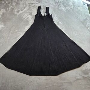 Stitchdrop Womens XS Black Ribbed Knit Fit & Flare V-Neck Midi Dress Sleeveless